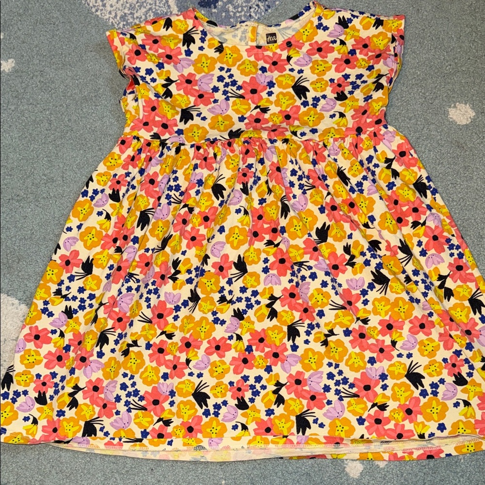 Tea Collection Yellow Floral Cotton Babydoll Dress - Size 7
